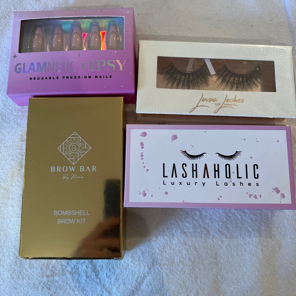 Lot of fake lashes and nails with brow kit